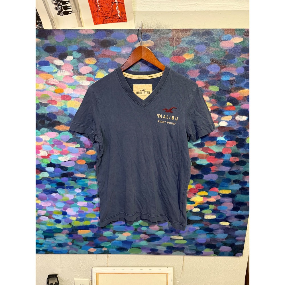 Hollister Malibu First Point V-Neck Graphic T-Shirt Navy Blue Mens Medium